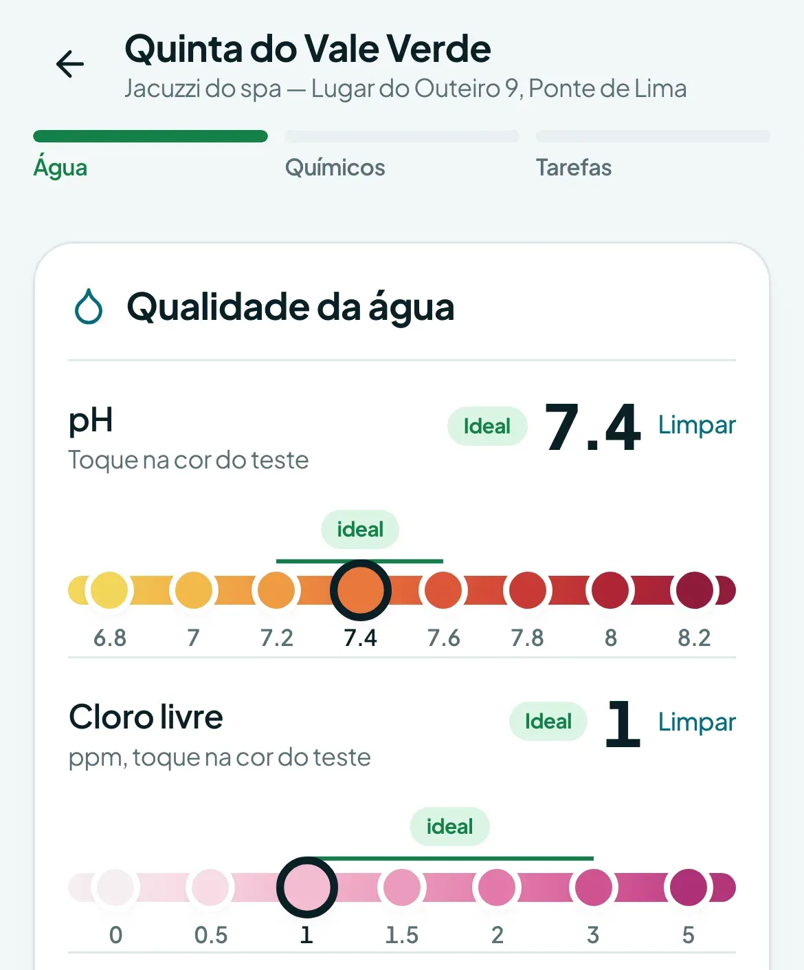Registo da água numa visita: pH e cloro livre escolhidos pela cor do teste